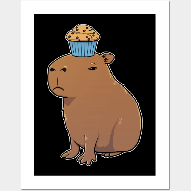 Capybara with Chocolate Chip Muffin on its head Wall Art by capydays